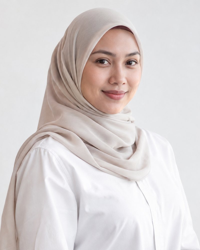 Siti Rahmah, tudung kain polos tanpa huruf, kemeja putih