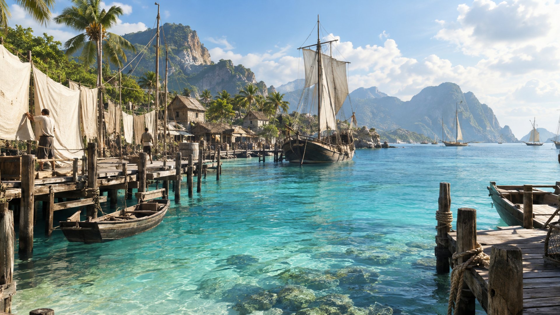 Pelabuhan tropika pada pagi, jeti kayu, layar tanpa warna, air cetek pirus, tanpa papan nama
